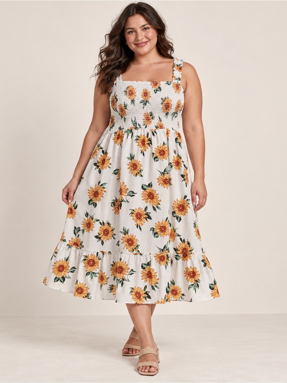 White Sunflower Smocked Midi Dress